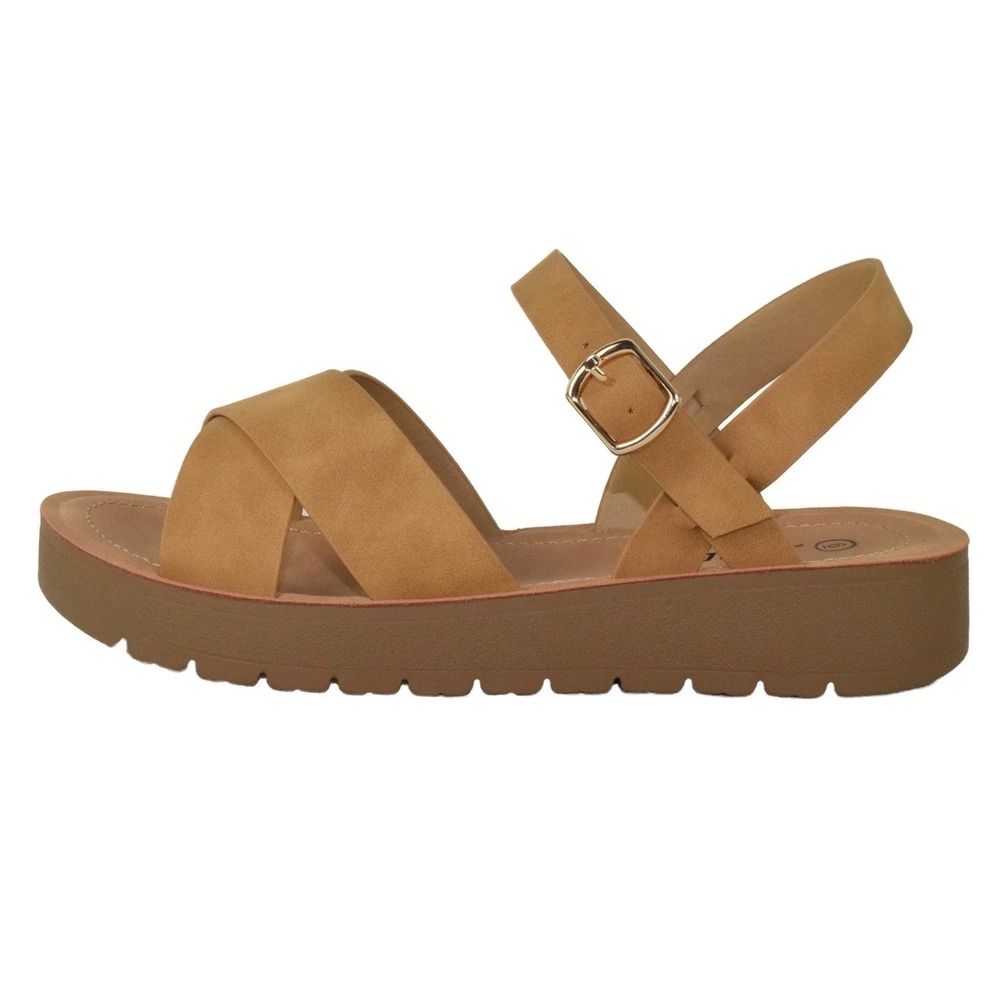 Soda Shoes Womens Chester-S Natural Tan Vegan Leather Flatform Sandals Sz 7.5
